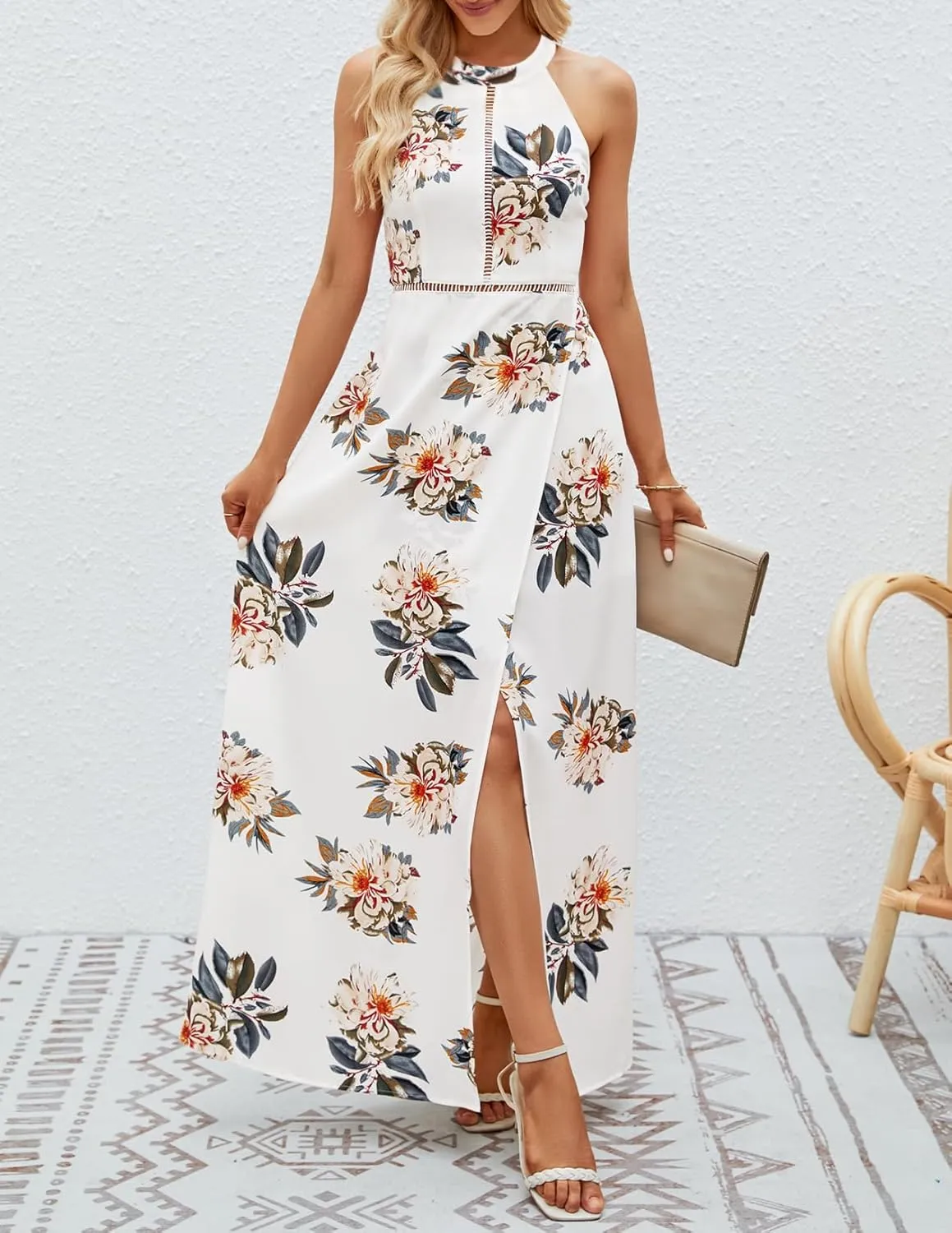 ZESICA Women's Summer Halter Neck Floral Print Backless Split Beach Party Maxi Dress