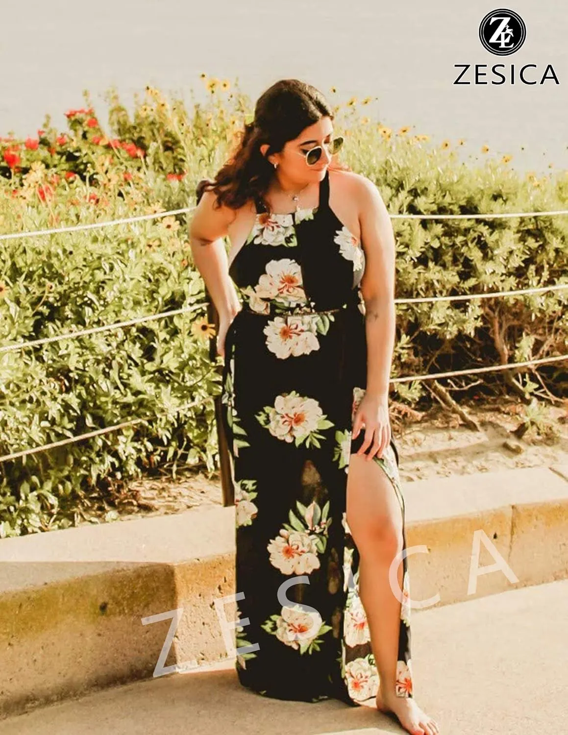 ZESICA Women's Summer Halter Neck Floral Print Backless Split Beach Party Maxi Dress