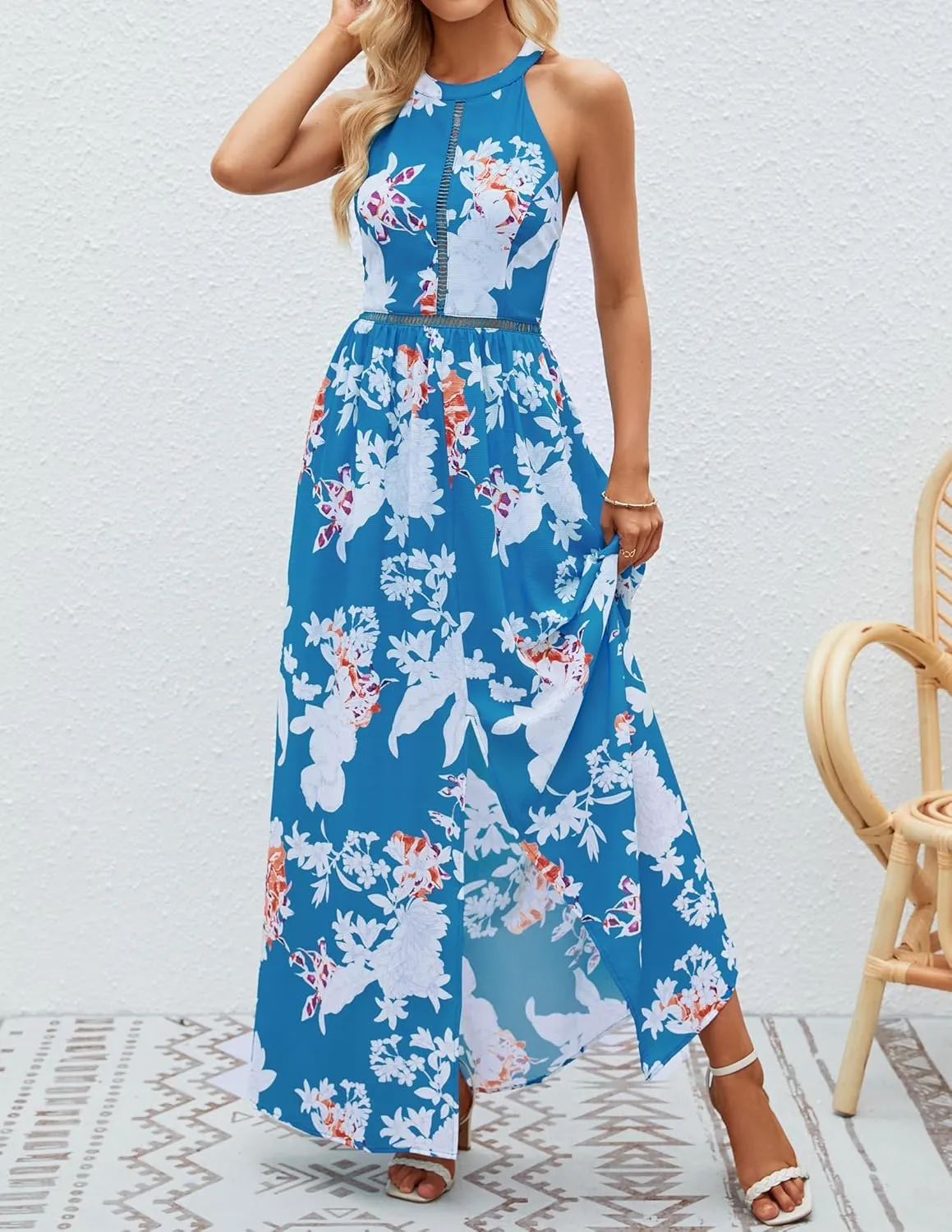 ZESICA Women's Summer Halter Neck Floral Print Backless Split Beach Party Maxi Dress