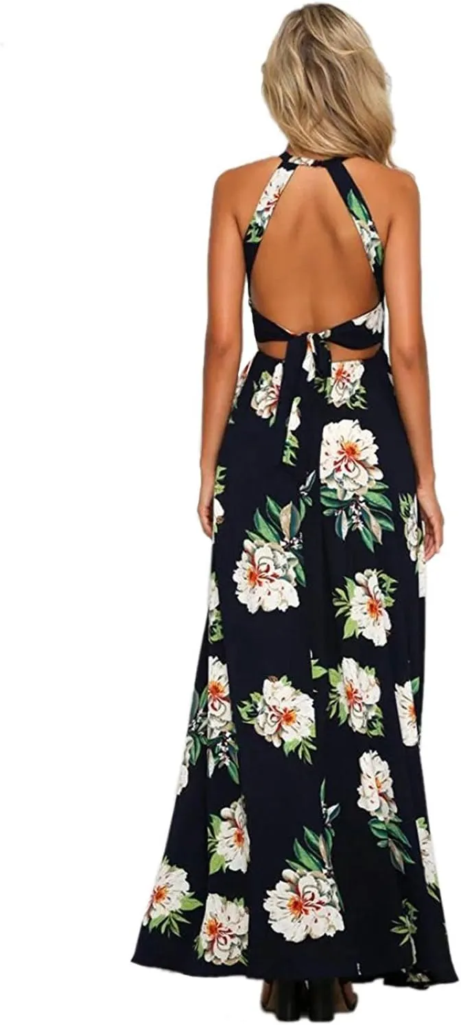 ZESICA Women's Summer Halter Neck Floral Print Backless Split Beach Party Maxi Dress