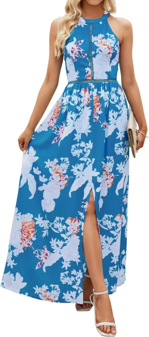ZESICA Women's Summer Halter Neck Floral Print Backless Split Beach Party Maxi Dress