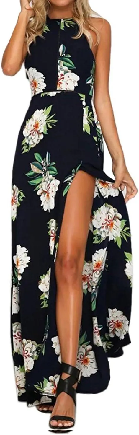 ZESICA Women's Summer Halter Neck Floral Print Backless Split Beach Party Maxi Dress