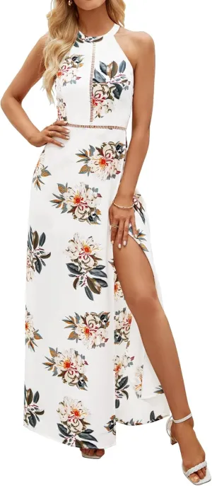 ZESICA Women's Summer Halter Neck Floral Print Backless Split Beach Party Maxi Dress