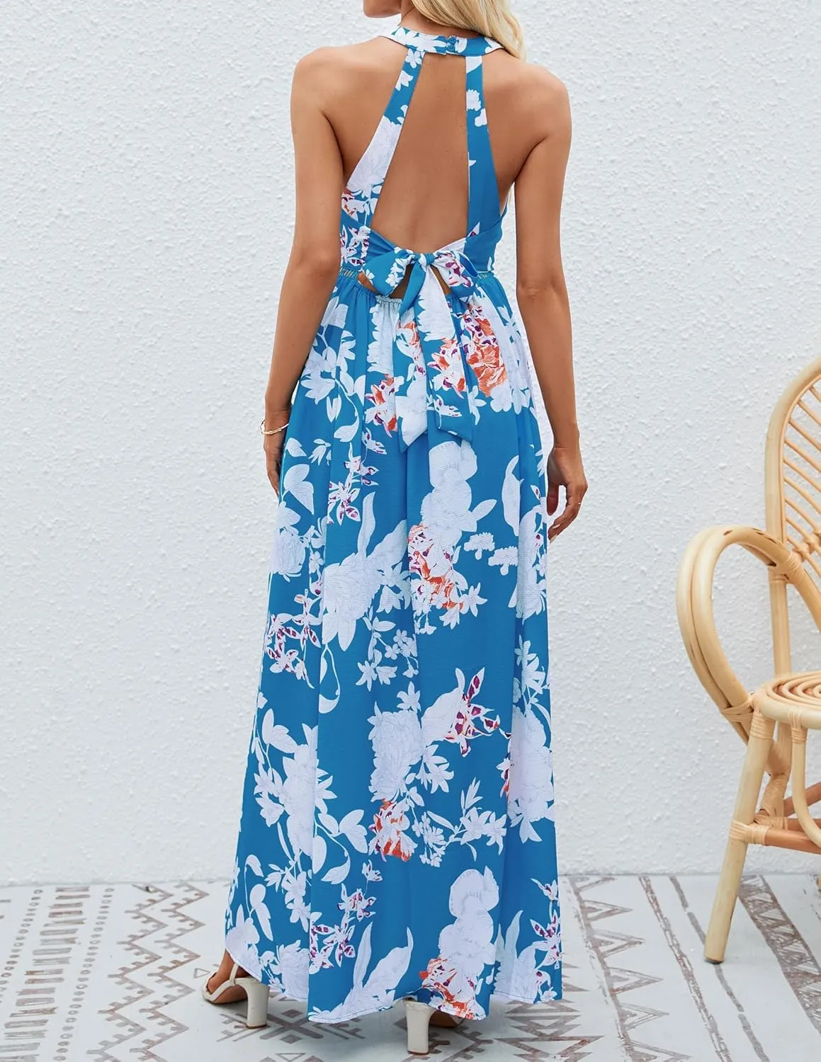 ZESICA Women's Summer Halter Neck Floral Print Backless Split Beach Party Maxi Dress
