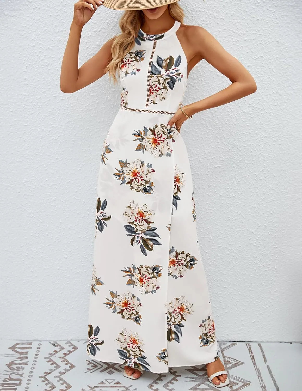 ZESICA Women's Summer Halter Neck Floral Print Backless Split Beach Party Maxi Dress