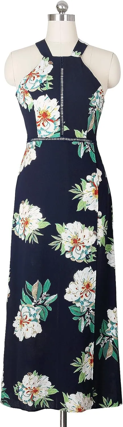 ZESICA Women's Summer Halter Neck Floral Print Backless Split Beach Party Maxi Dress