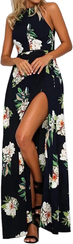 ZESICA Women's Summer Halter Neck Floral Print Backless Split Beach Party Maxi Dress