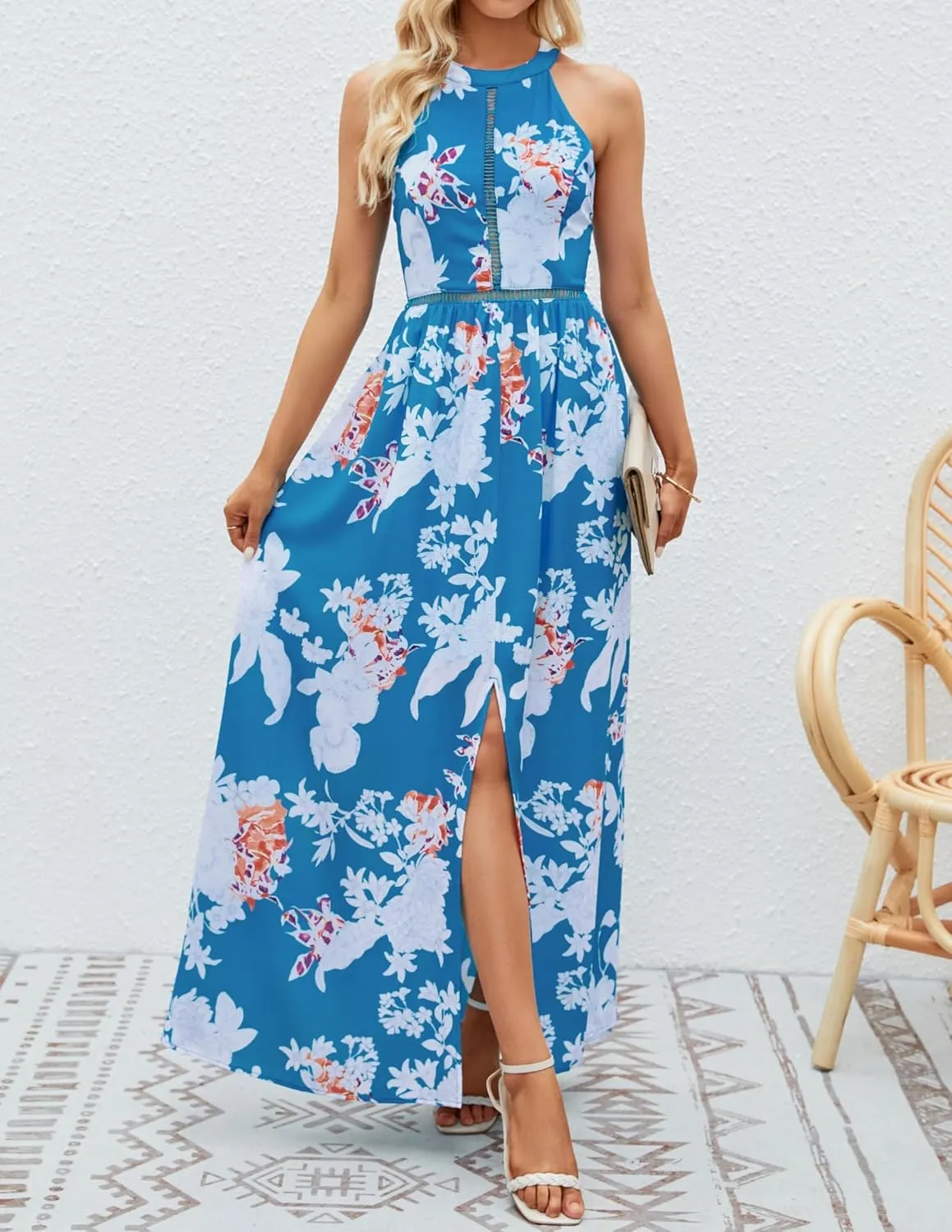 ZESICA Women's Summer Halter Neck Floral Print Backless Split Beach Party Maxi Dress