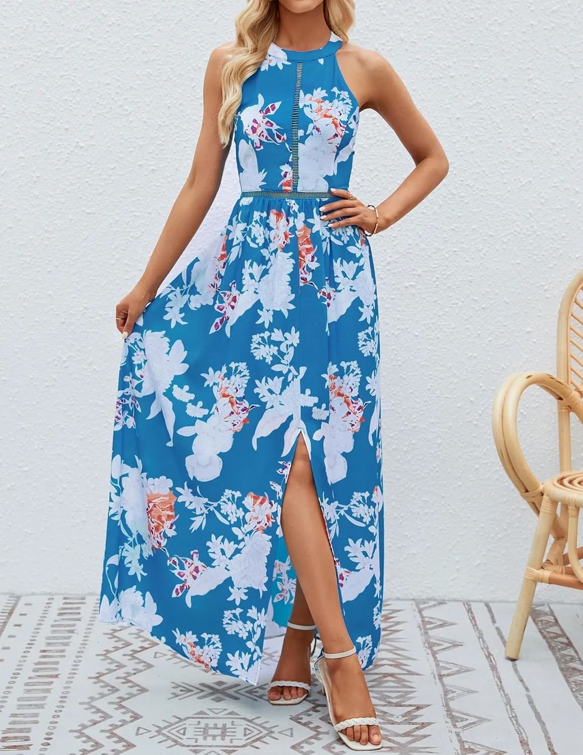 ZESICA Women's Summer Halter Neck Floral Print Backless Split Beach Party Maxi Dress